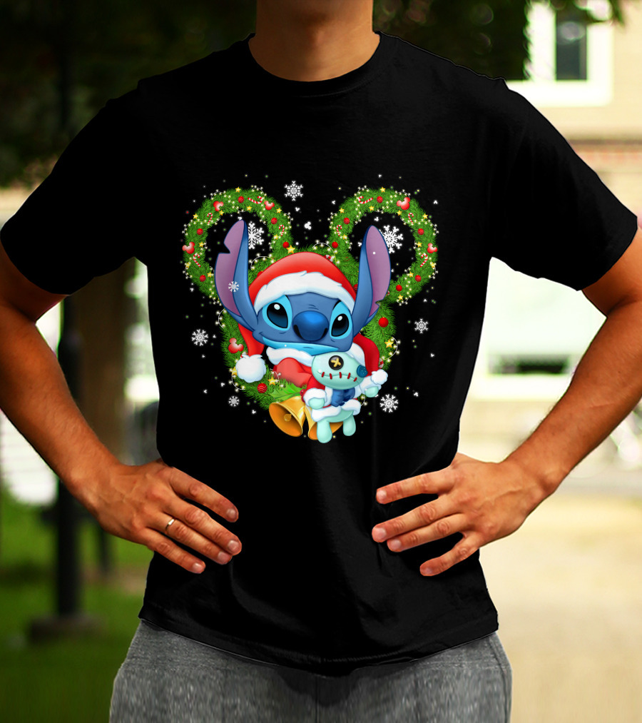 Stitch Santa Christmas Wreath Lilo And Stitch Disney Holiday T-Shirt