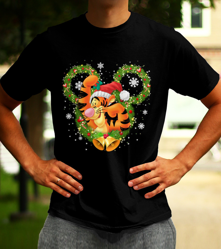 Tigger Christmas Mickey Ears Snowflakes Santa Hat Wreath T-Shirt
