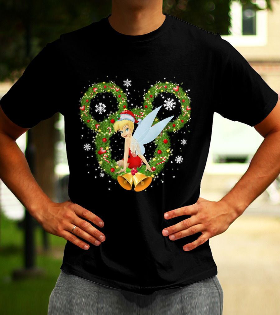 Tinker Bell Christmas Wreath With Santa Hat And Snowflakes T-Shirt
