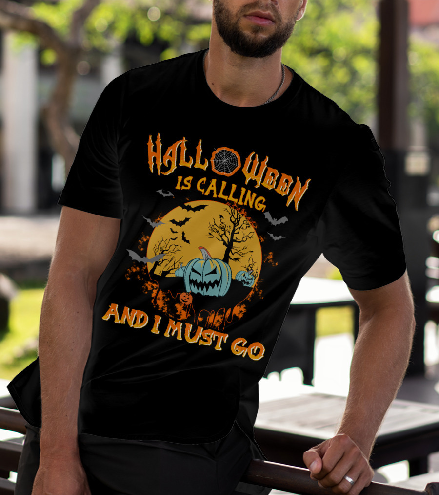 Halloween Is Calling And I Must Go Spooky Moon And Pumpkins Scene T-Shirt
