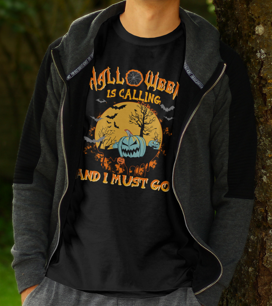 Halloween Is Calling And I Must Go Spooky Moon And Pumpkins Scene T-Shirt