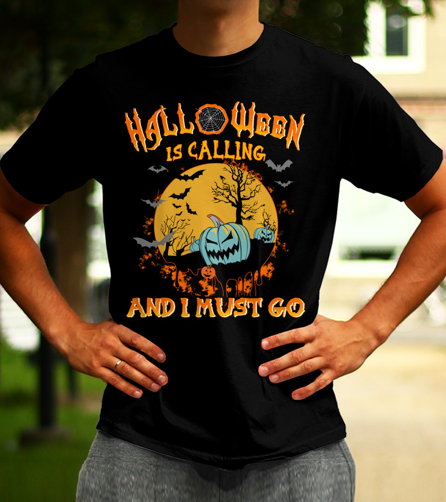 Halloween Is Calling And I Must Go Spooky Moon And Pumpkins Scene T-Shirt