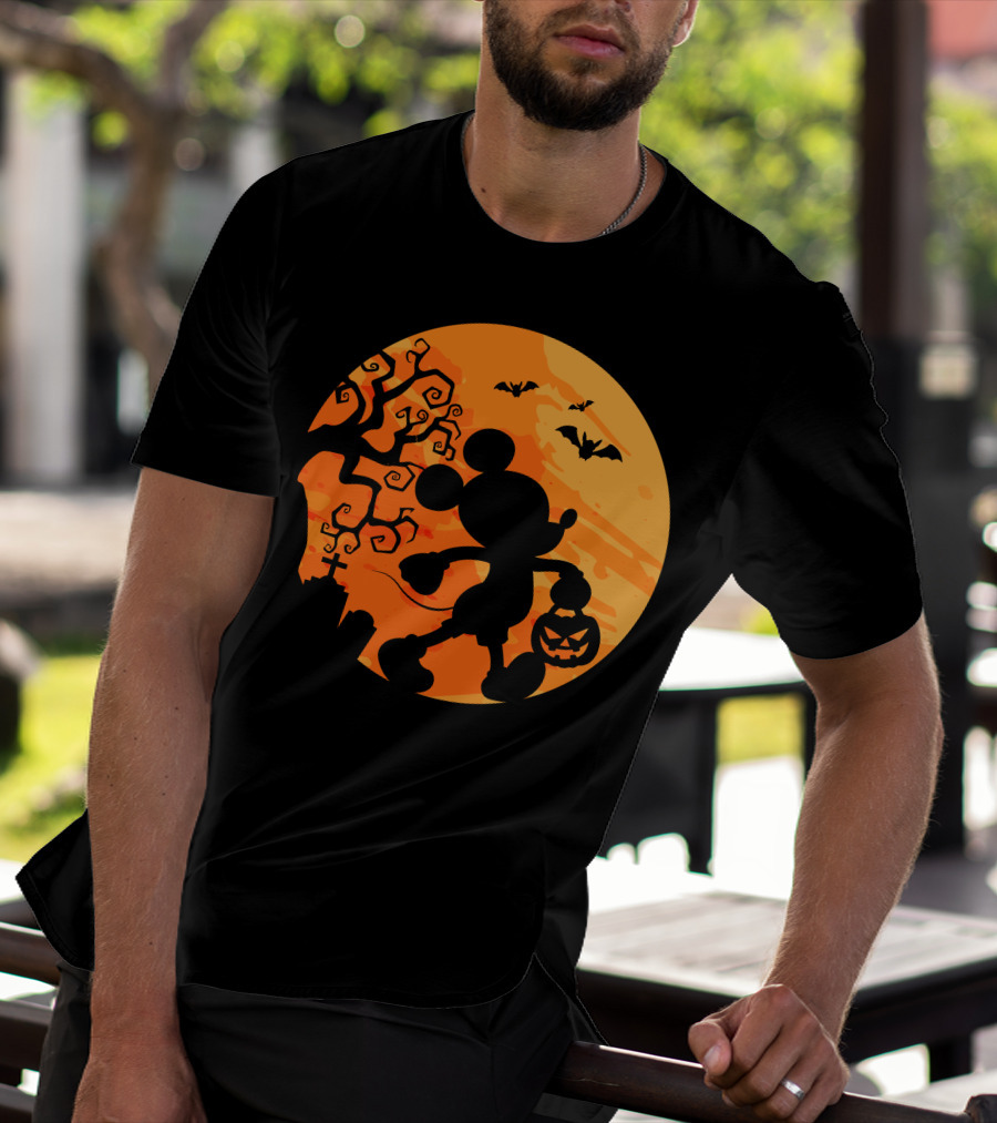 Halloween 54 Mickey Mouse Silhouette With Pumpkin And Bats T-Shirt