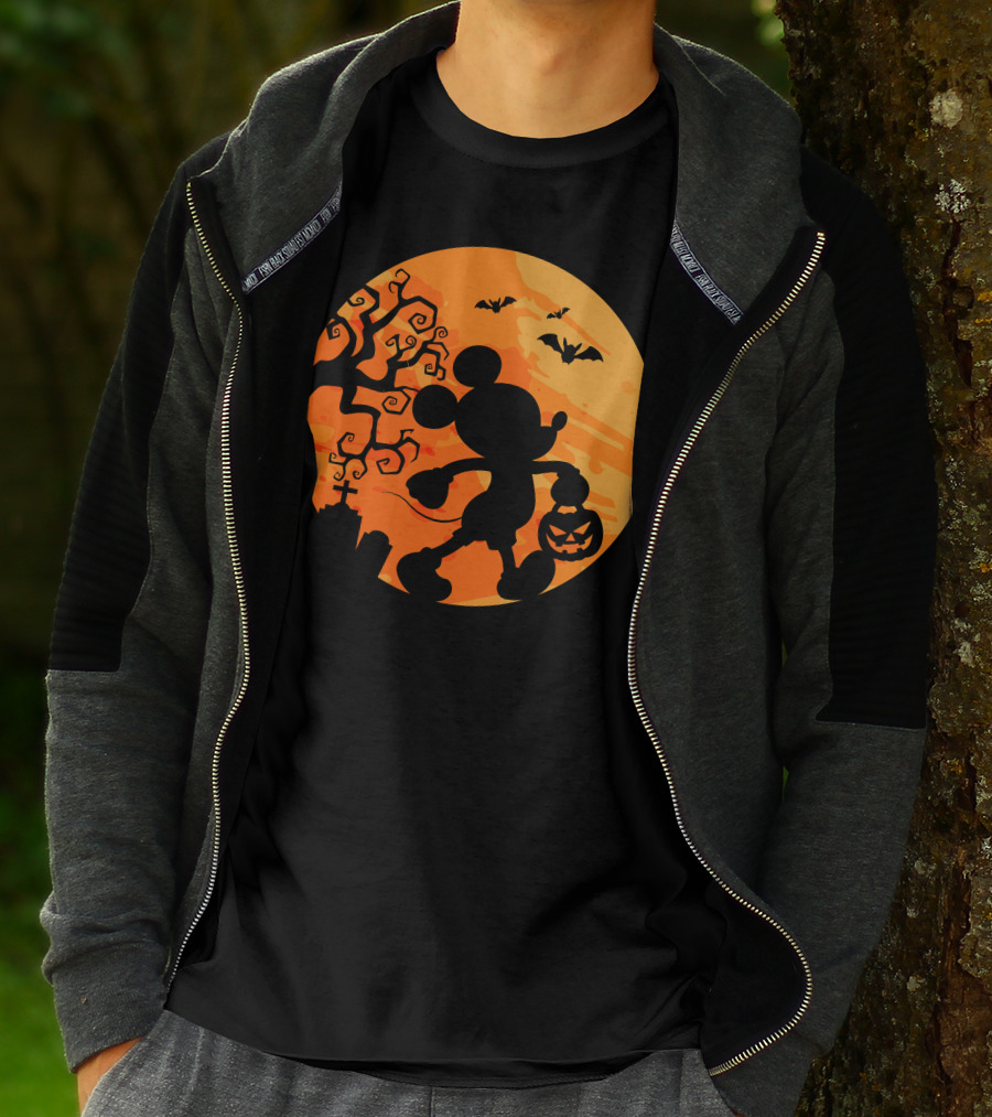 Halloween 54 Mickey Mouse Silhouette With Pumpkin And Bats T-Shirt