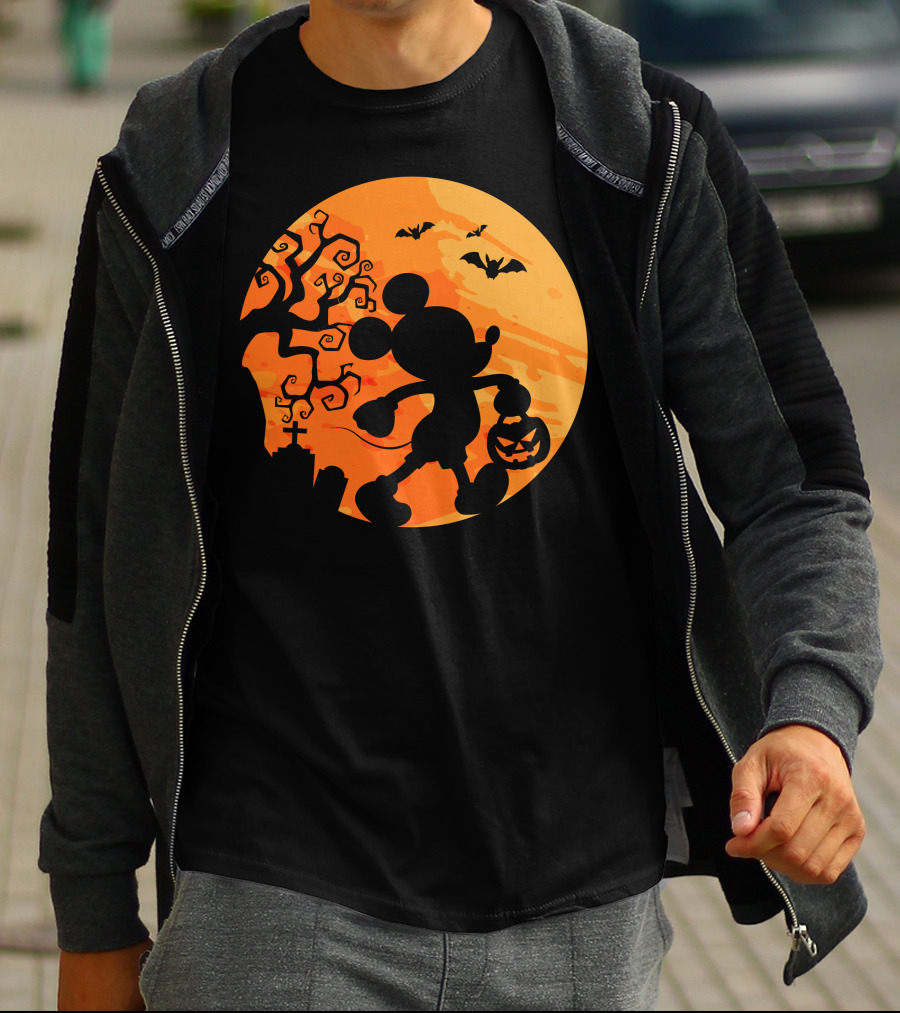 Halloween 54 Mickey Mouse Silhouette With Pumpkin And Bats T-Shirt