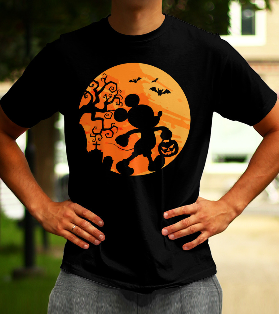 Halloween 54 Mickey Mouse Silhouette With Pumpkin And Bats T-Shirt