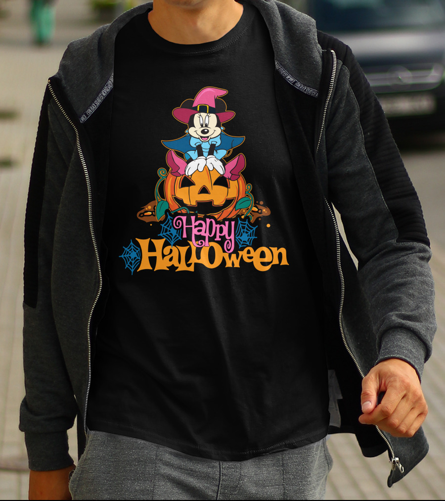 Happy Halloween 63 Mickey Mouse On Jack-O'-Lantern With Witch Hat And Spider Webs T-Shirt