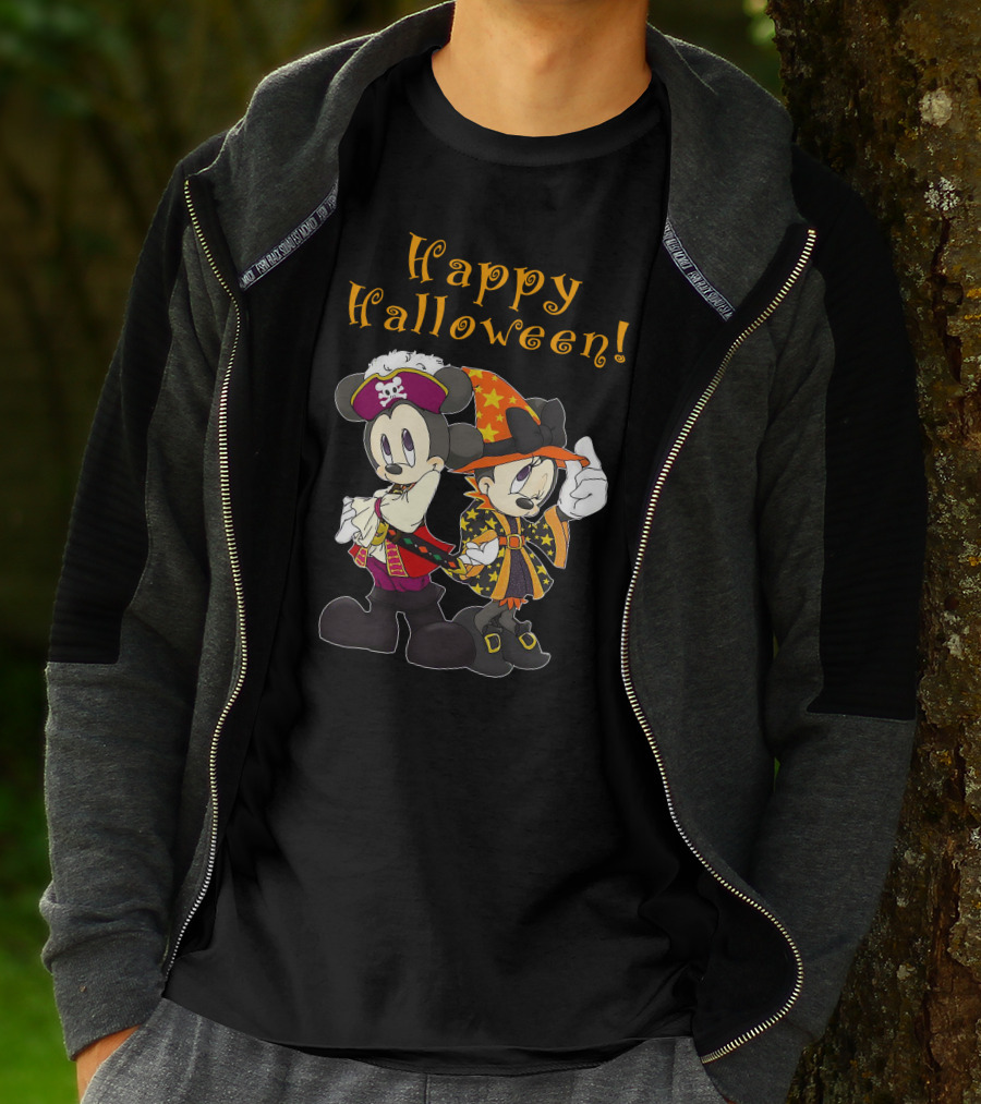 Happy Halloween Mickey And Minnie Mouse Pirate And Witch Costume T-Shirt