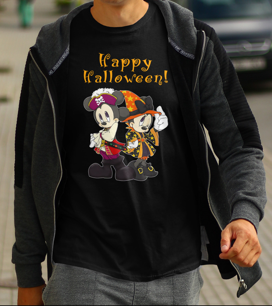 Happy Halloween Mickey And Minnie Mouse Pirate And Witch Costume T-Shirt