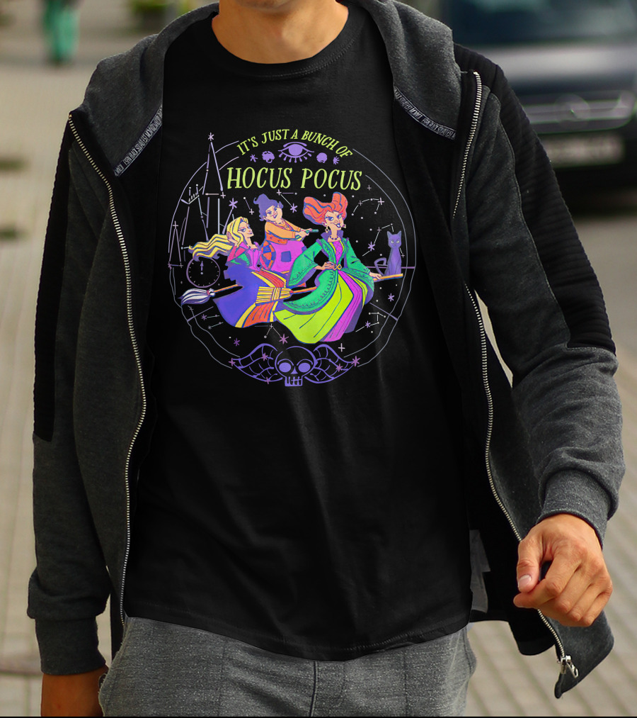 Hocus Pocus It's Just A Bunch Of Witches Flying With Magical Symbols And Black Cat T-Shirt