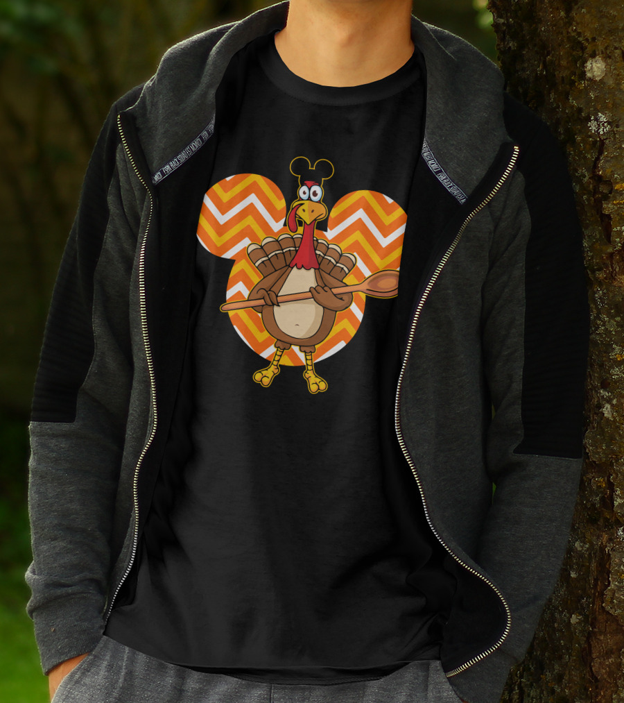 Thanksgiving Turkey With Spoon And Mickey Ears On Chevron T-Shirt