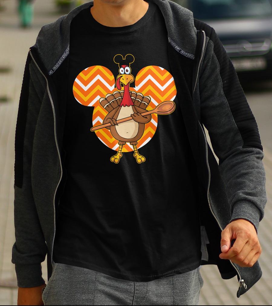 Thanksgiving Turkey With Spoon And Mickey Ears On Chevron T-Shirt