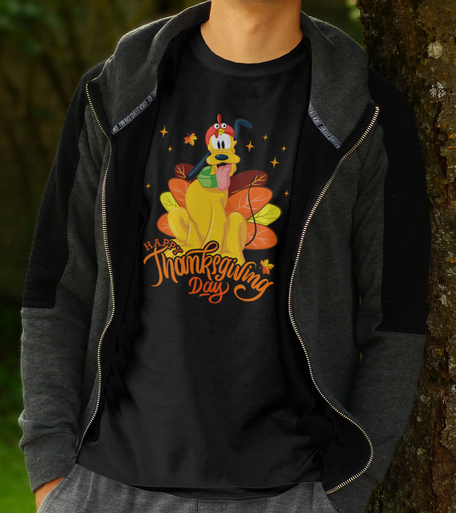 Happy Thanksgiving Day Pluto Turkey Costume Autumn Leaves Stars T-Shirt