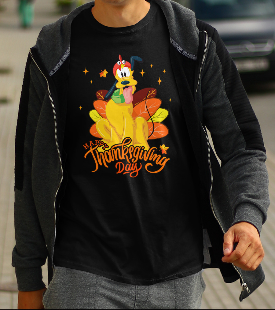 Happy Thanksgiving Day Pluto Turkey Costume Autumn Leaves Stars T-Shirt