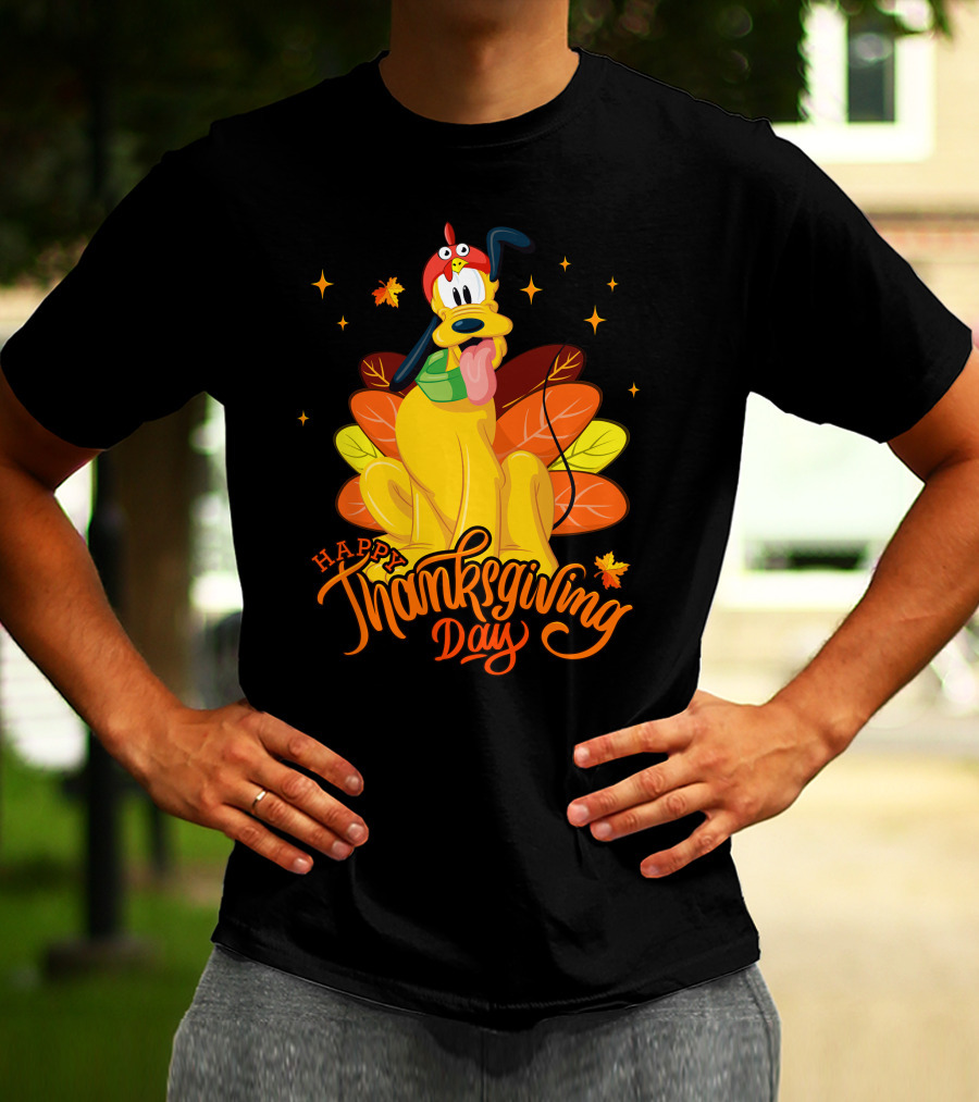 Happy Thanksgiving Day Pluto Turkey Costume Autumn Leaves Stars T-Shirt
