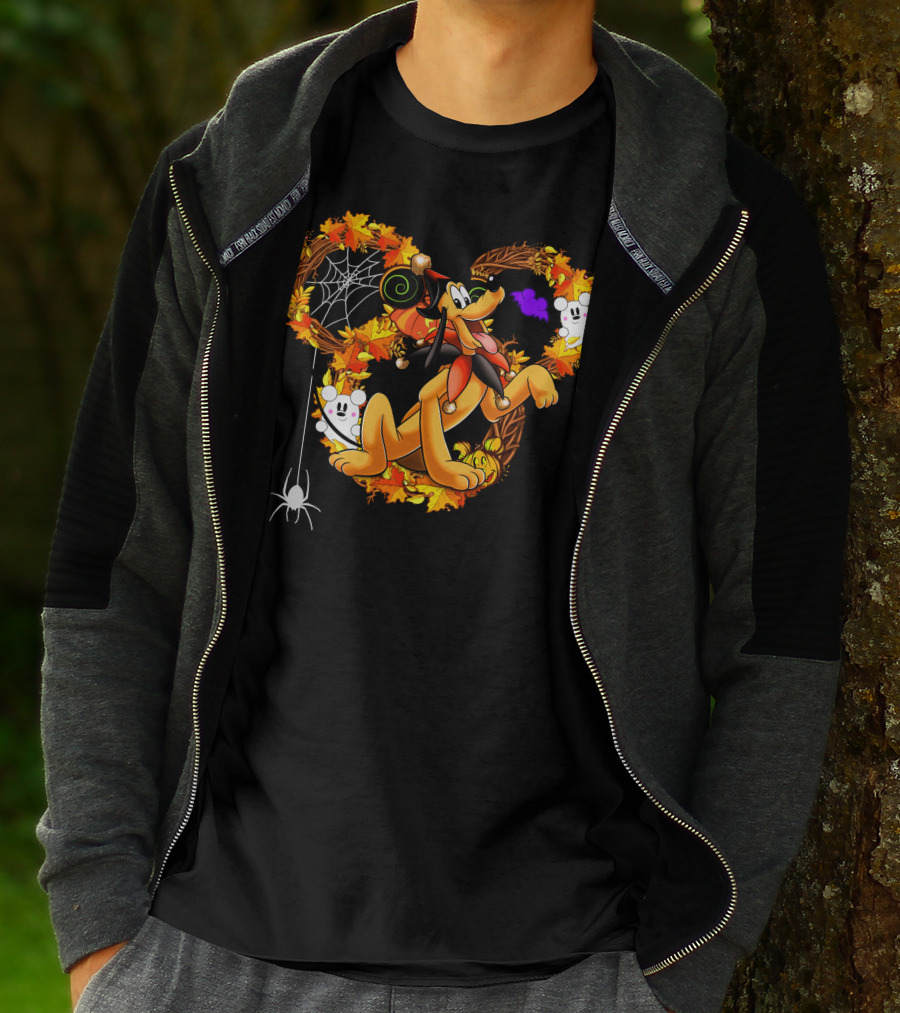 Pluto Halloween Autumn Wreath With Ghosts And Spiderweb T-Shirt