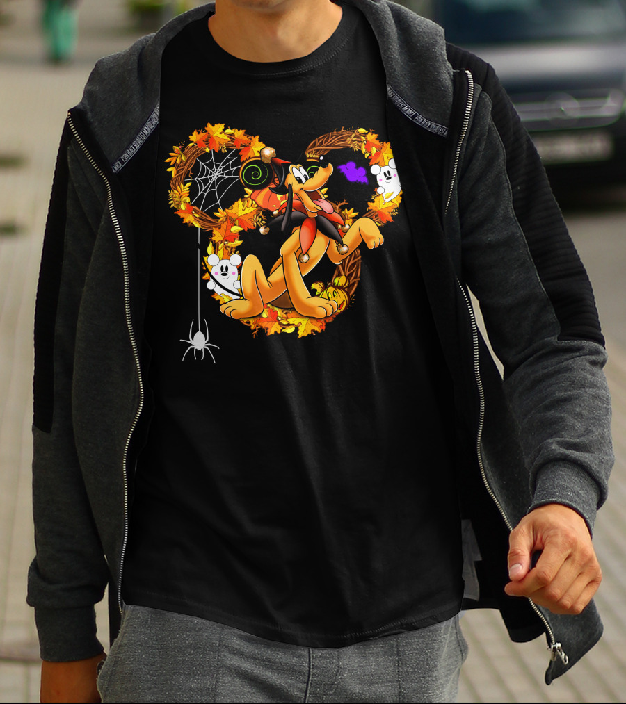 Pluto Halloween Autumn Wreath With Ghosts And Spiderweb T-Shirt