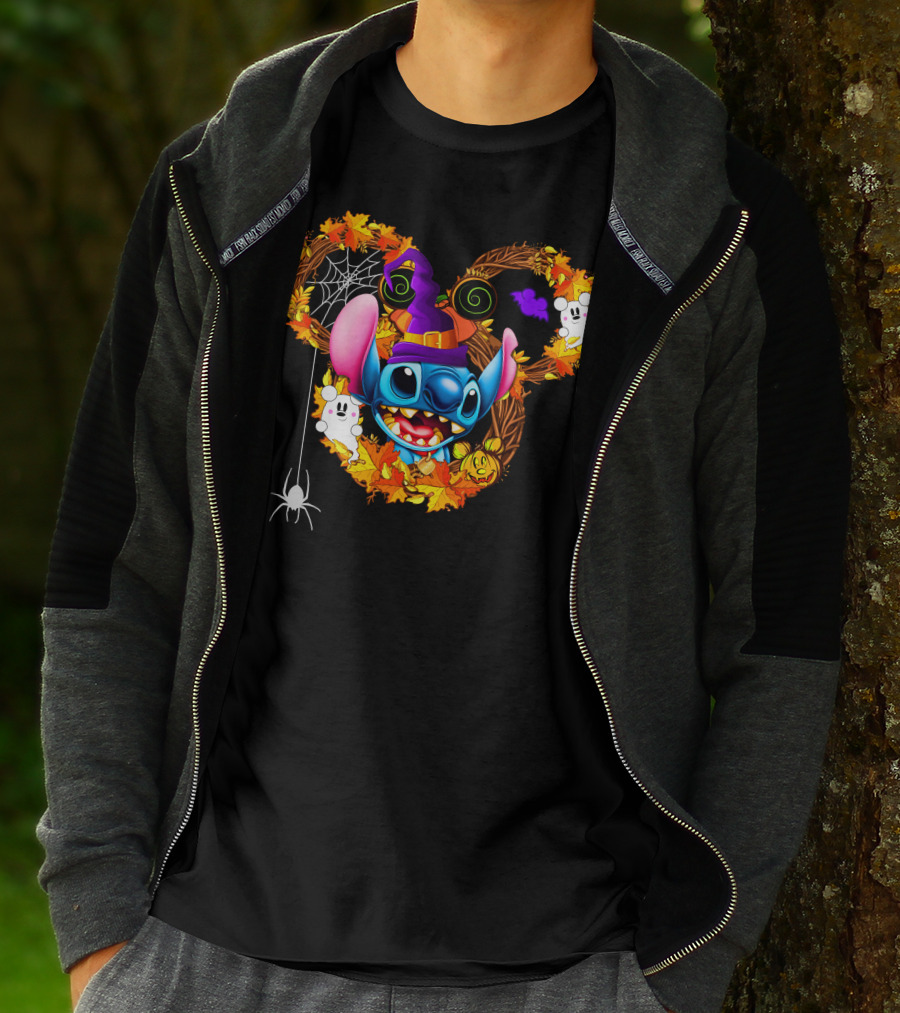Stitch Halloween Mickey Mouse Ears With Spooky Autumn Leaves And Spider Web T-Shirt