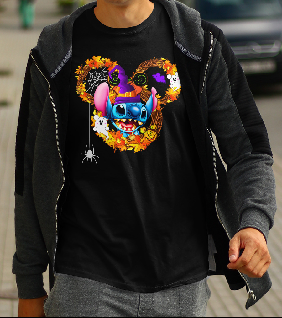 Stitch Halloween Mickey Mouse Ears With Spooky Autumn Leaves And Spider Web T-Shirt