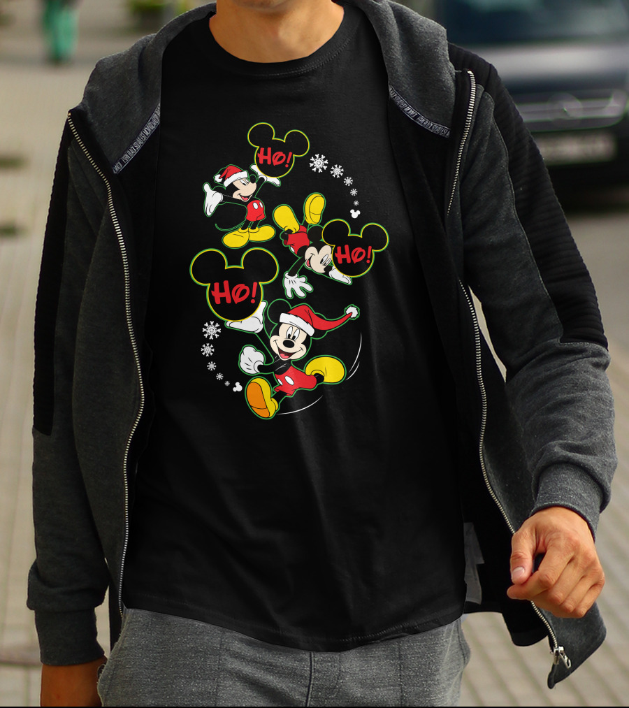 Merry Christmas 112 Mickey Mouse Ho Ho Santa Hat Snowflakes T-Shirt
