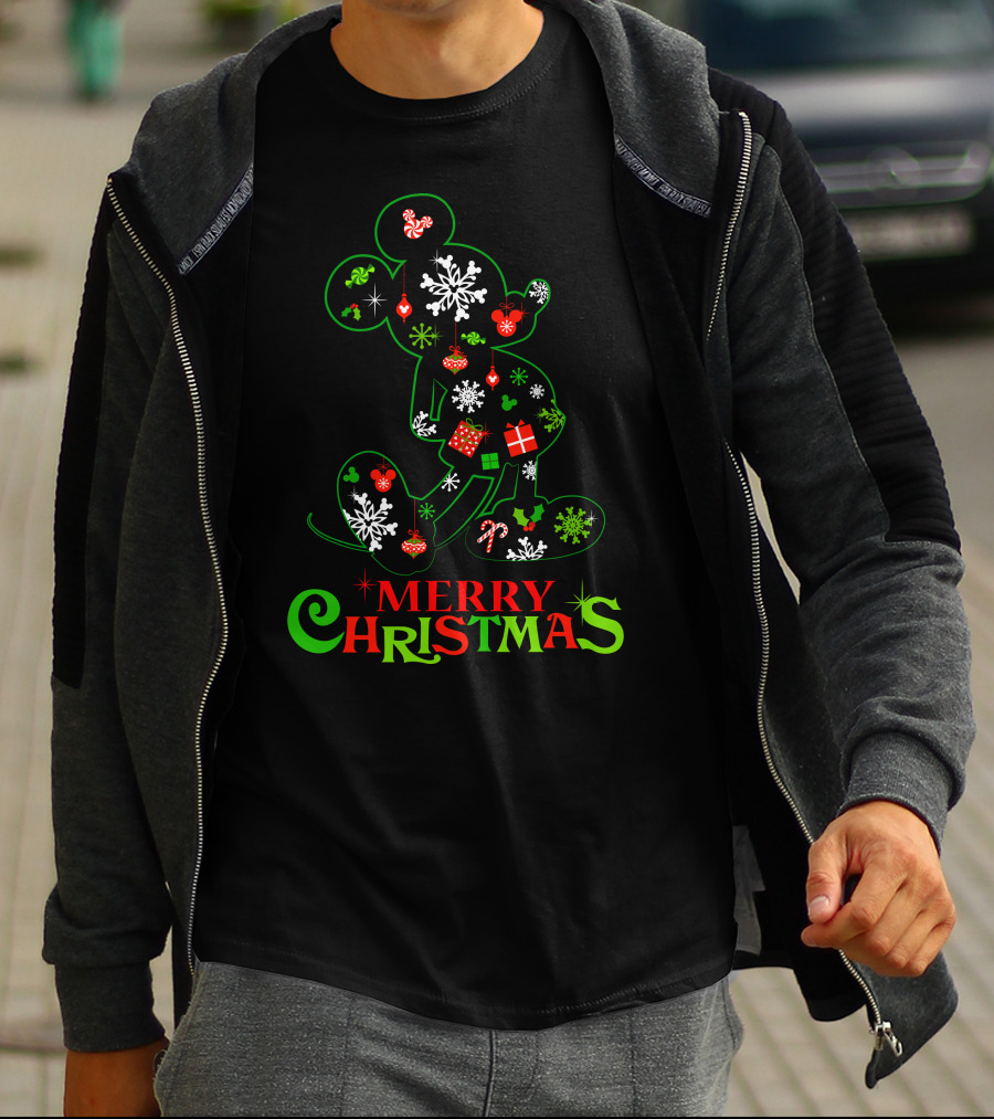 Merry Christmas Snowflakes Candy Cane Mickey Mouse Silhouette 128 T-Shirt