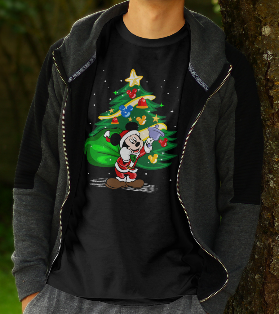 Mickey Mouse Santa With Christmas Tree And Ornaments T-Shirt