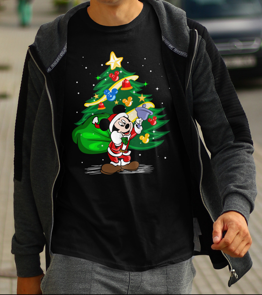 Mickey Mouse Santa With Christmas Tree And Ornaments T-Shirt