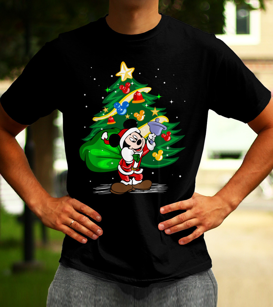 Mickey Mouse Santa With Christmas Tree And Ornaments T-Shirt