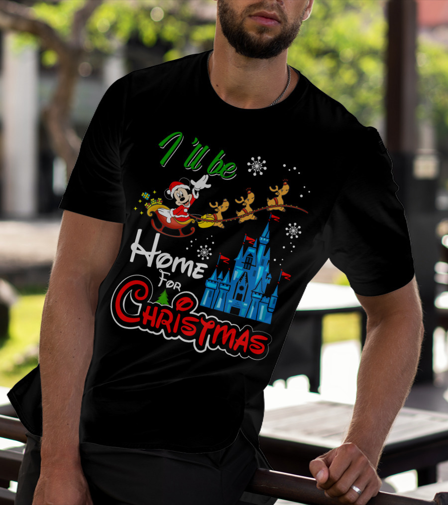 I'll Be Home For Christmas Mickey Mouse Santa Sleigh Castle Reindeer Snowflakes T-Shirt
