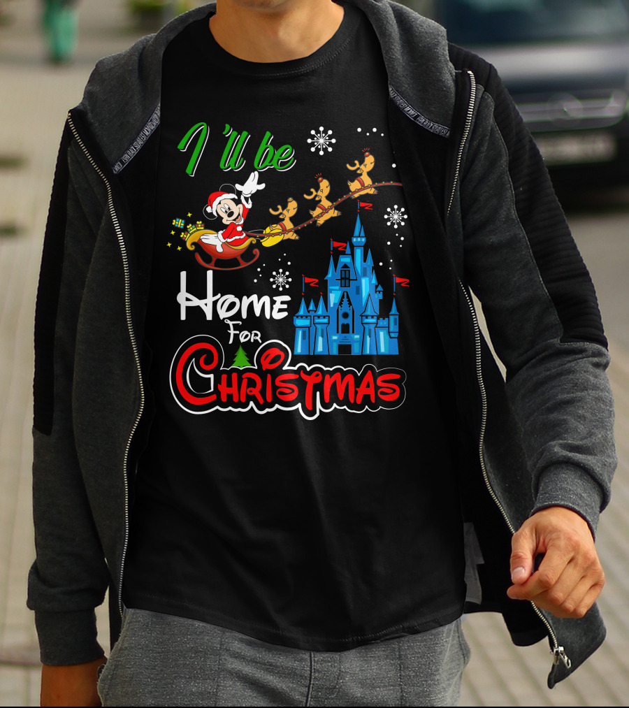 I'll Be Home For Christmas Mickey Mouse Santa Sleigh Castle Reindeer Snowflakes T-Shirt