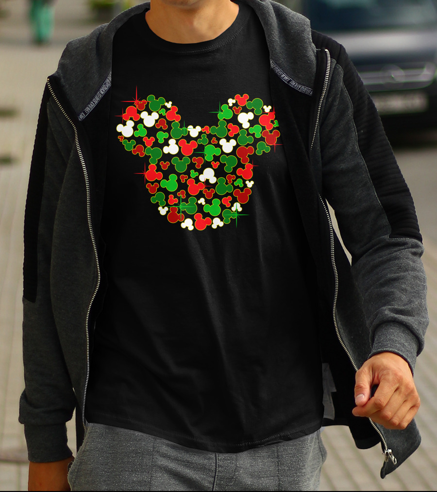 Festive Mickey Icon Pattern In Red Green And White T-Shirt