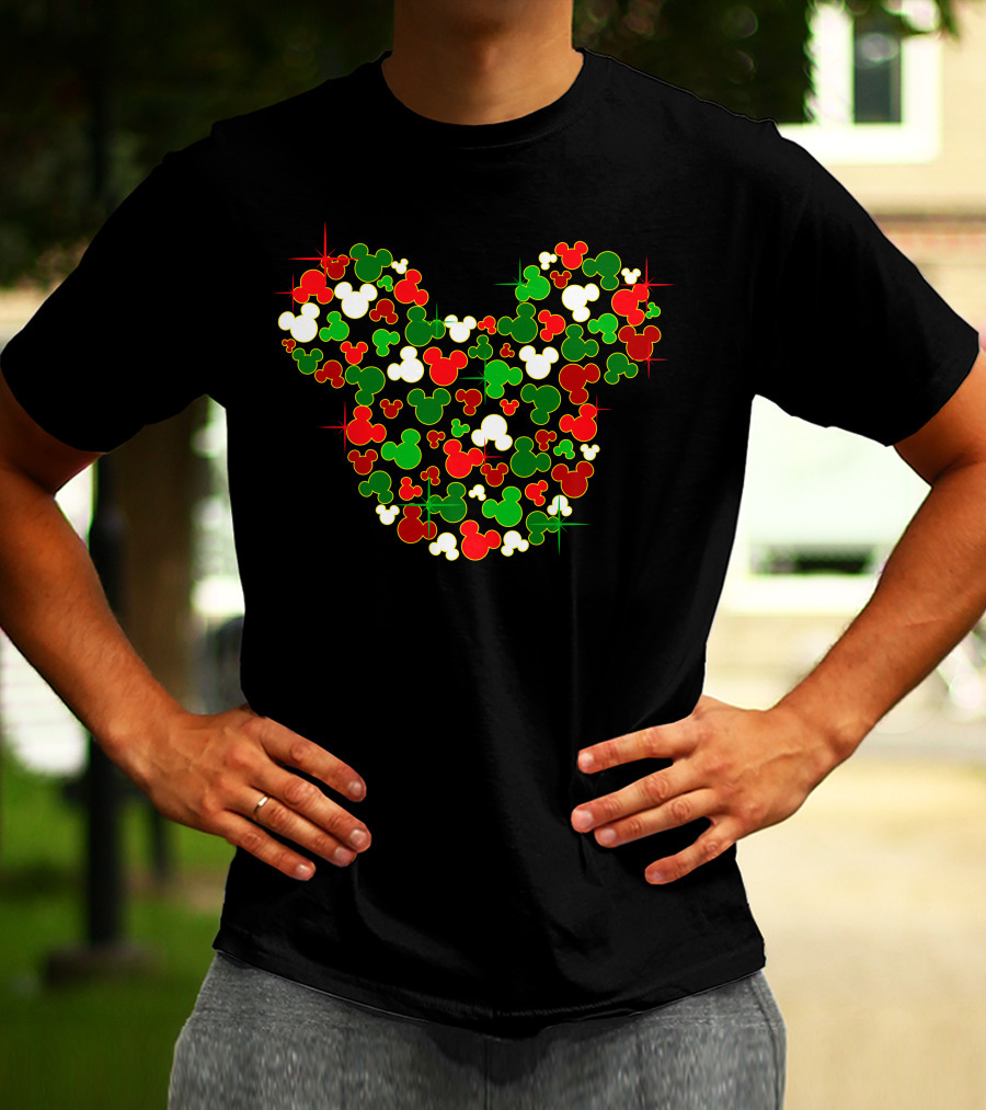 Festive Mickey Icon Pattern In Red Green And White T-Shirt