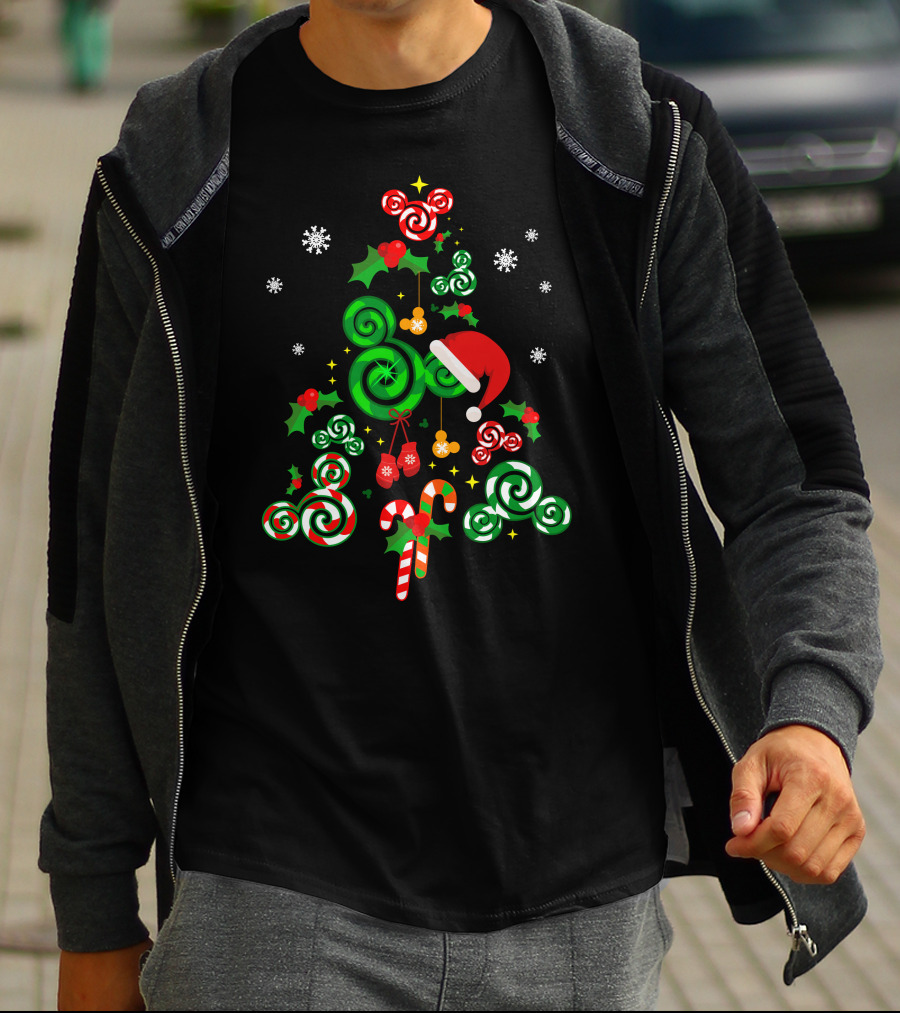 Merry Christmas 24 Candy Cane Tree With Santa Hat And Snowflakes T-Shirt