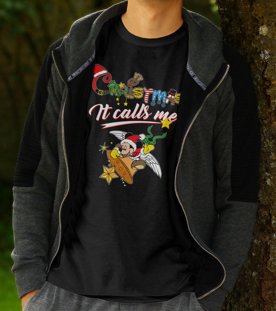 Christmas It Calls Me Mickey Santa Hat Winged Bell T-Shirt