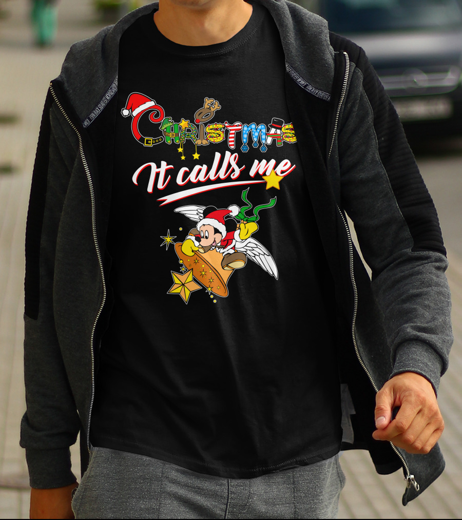 Christmas It Calls Me Mickey Santa Hat Winged Bell T-Shirt