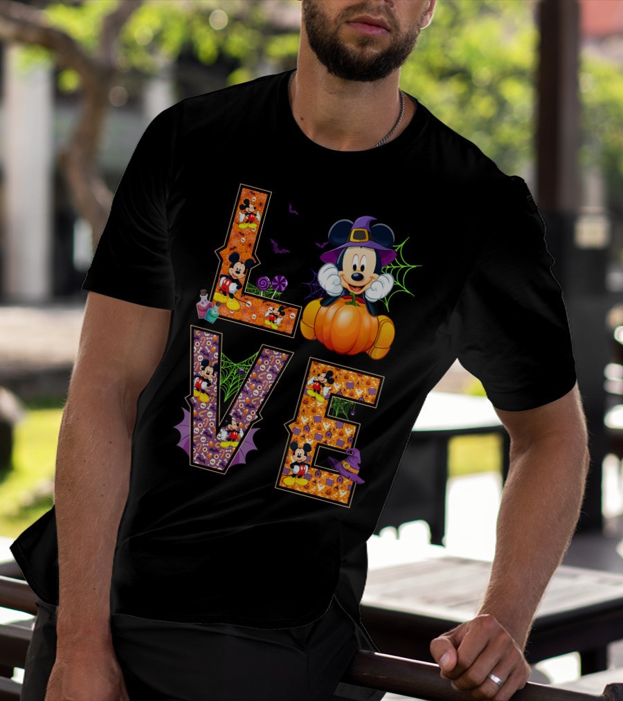 Love Halloween Mickey Mouse Pumpkin Witch Hat Spooky Bats T-Shirt