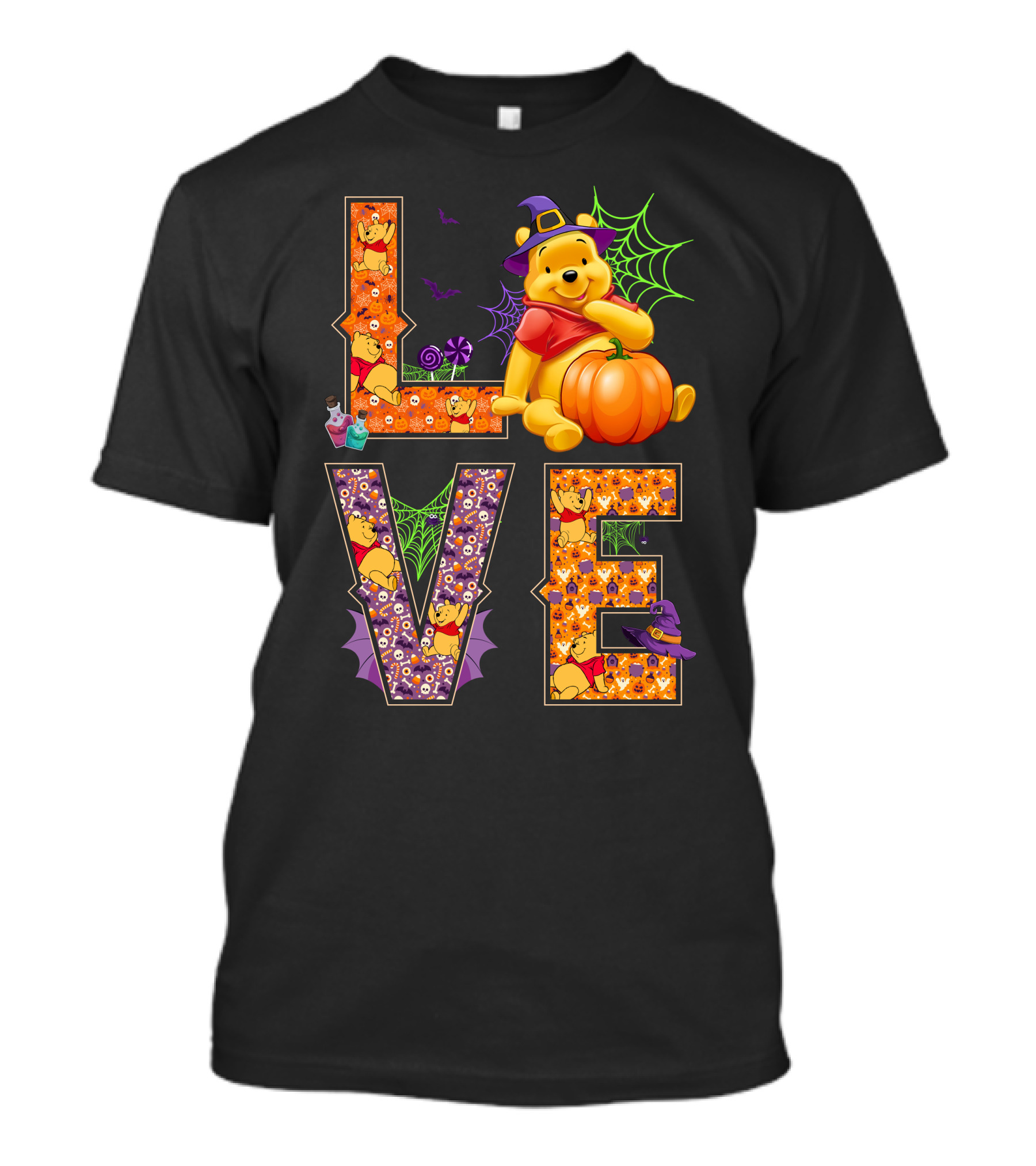 Love Pooh Halloween Pumpkin Spiderwebs And Witch Hat T-Shirt