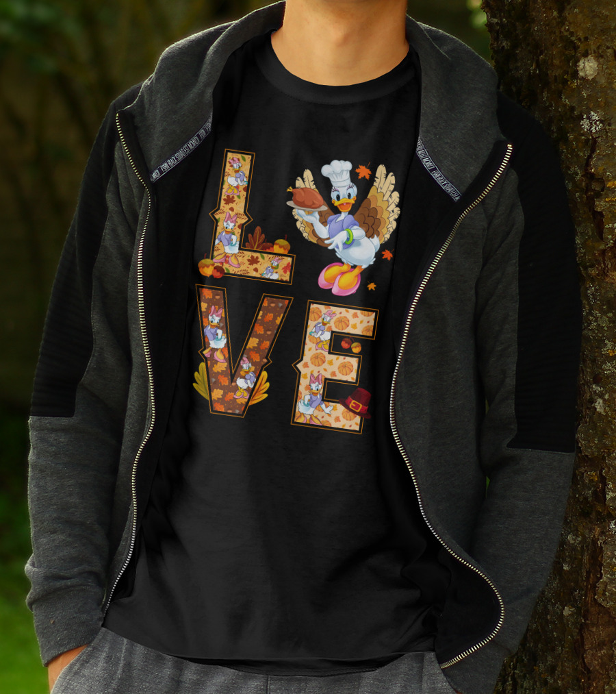 Thanksgiving Daisy Duck Love Fall Leaves Pumpkins Turkey Chef Hat T-Shirt