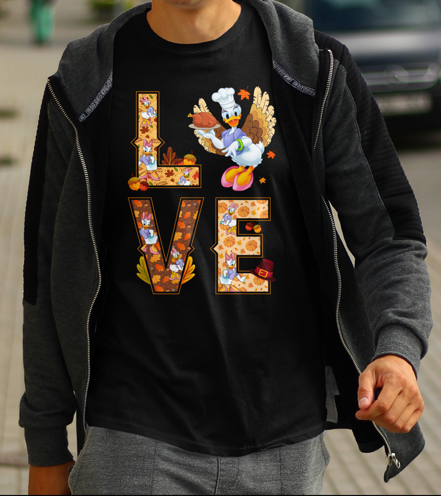 Thanksgiving Daisy Duck Love Fall Leaves Pumpkins Turkey Chef Hat T-Shirt