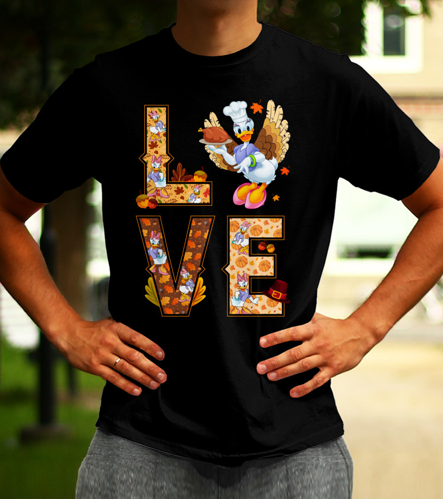 Thanksgiving Daisy Duck Love Fall Leaves Pumpkins Turkey Chef Hat T-Shirt