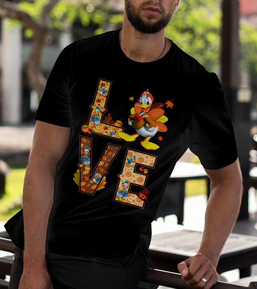 Love Thanksgiving Donald Duck Turkey Autumn Leaves Pumpkins T-Shirt