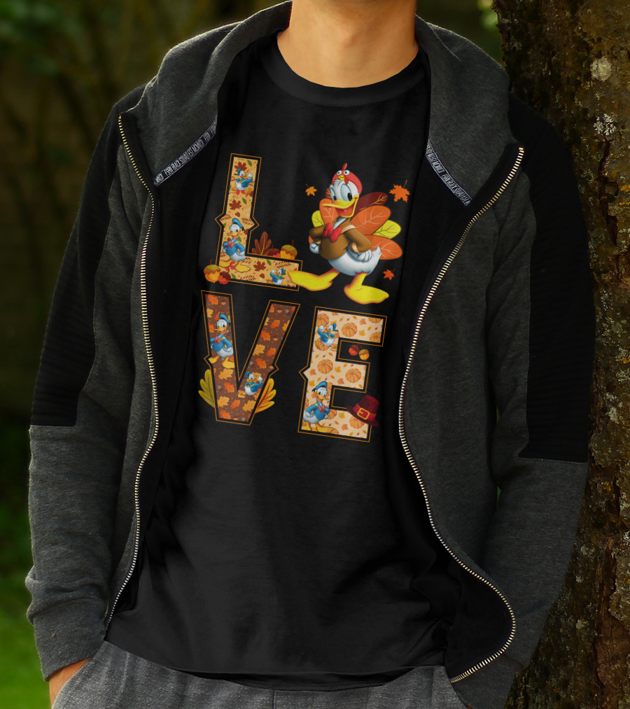 Love Thanksgiving Donald Duck Turkey Autumn Leaves Pumpkins T-Shirt