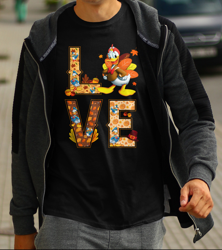 Love Thanksgiving Donald Duck Turkey Autumn Leaves Pumpkins T-Shirt