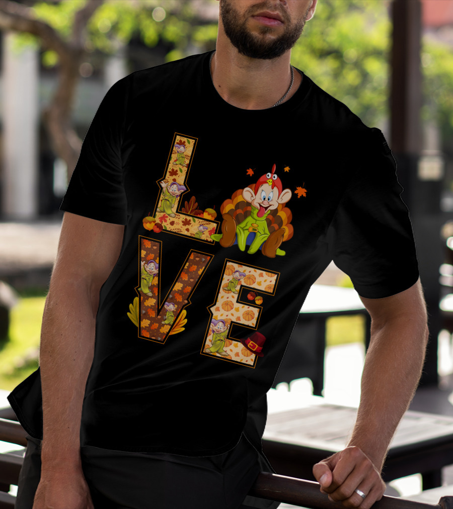 Love Thanksgiving Dopey Characters And Autumn Leaves T-Shirt