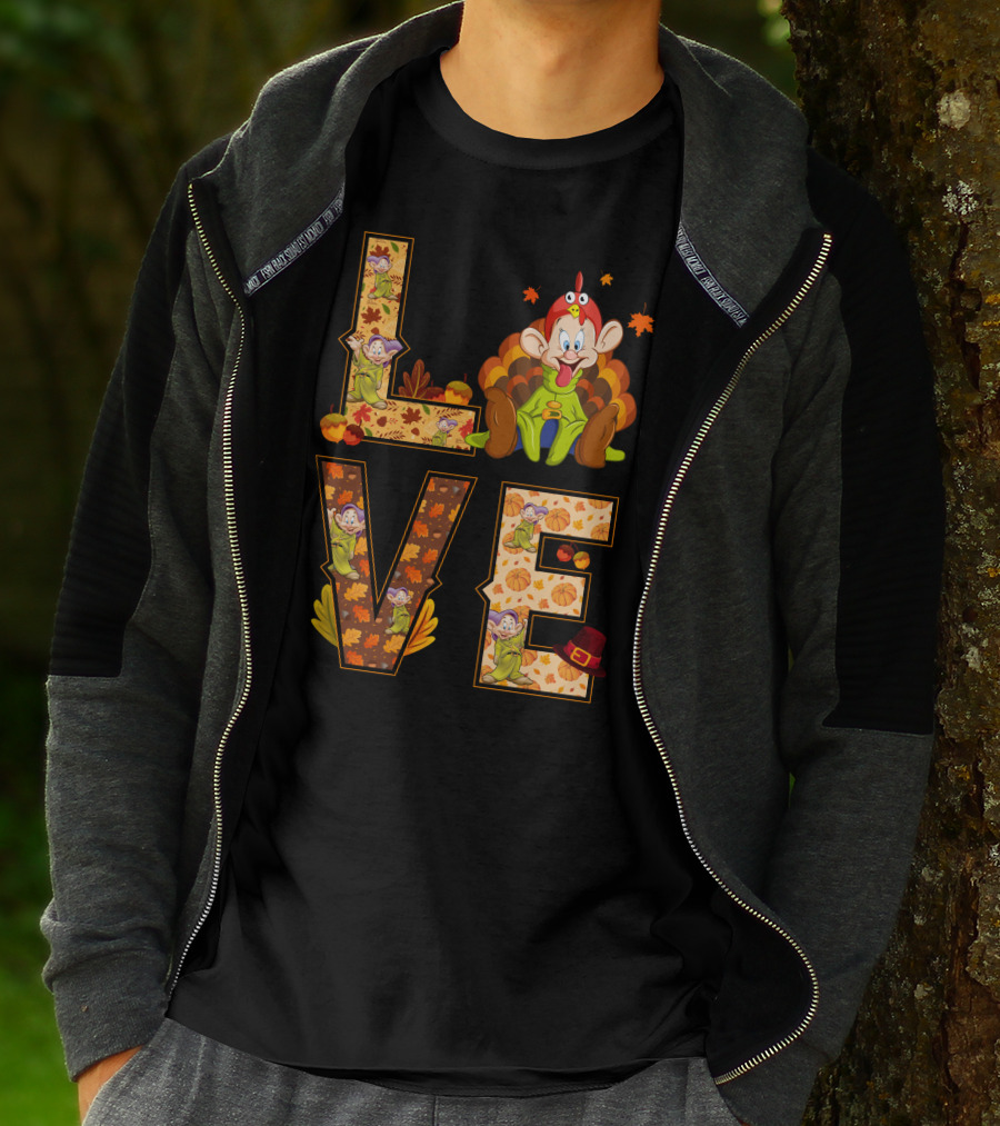 Love Thanksgiving Dopey Characters And Autumn Leaves T-Shirt