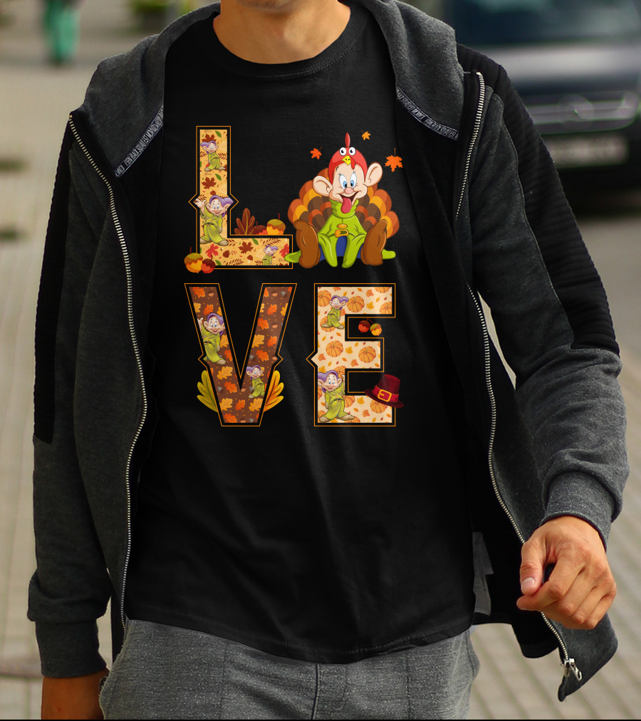 Love Thanksgiving Dopey Characters And Autumn Leaves T-Shirt