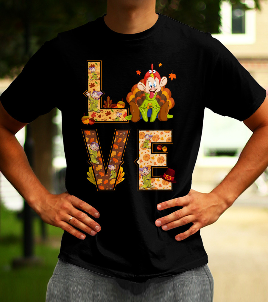 Love Thanksgiving Dopey Characters And Autumn Leaves T-Shirt