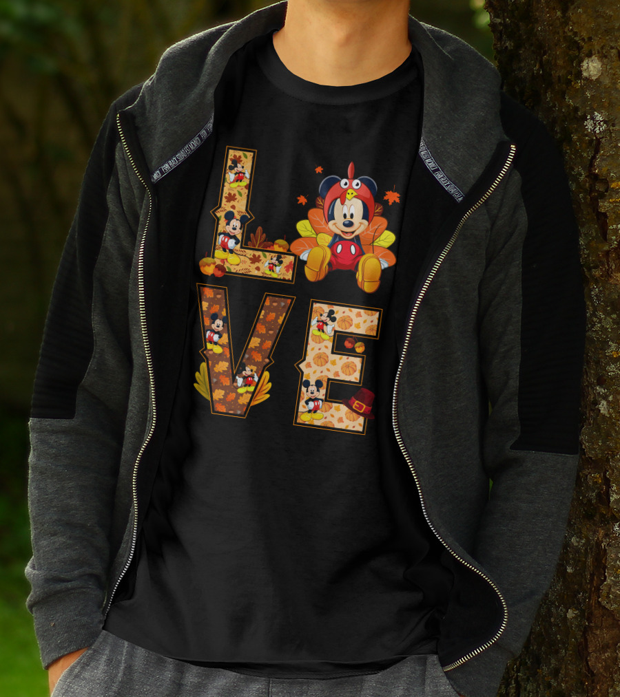 Mickey Love Thanksgiving Theme With Autumn Leaves And Pumpkins T-Shirt