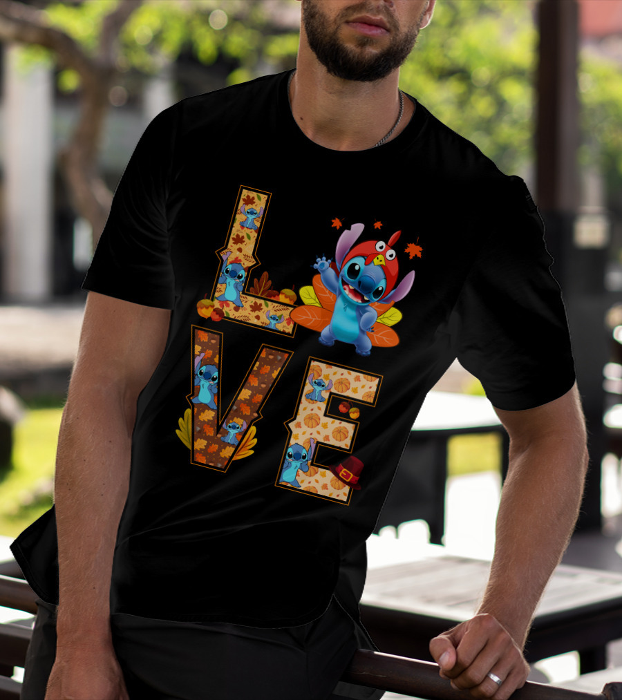 Love Stitch Thanksgiving Autumn Leaves Pumpkins Turkey Hat T-Shirt