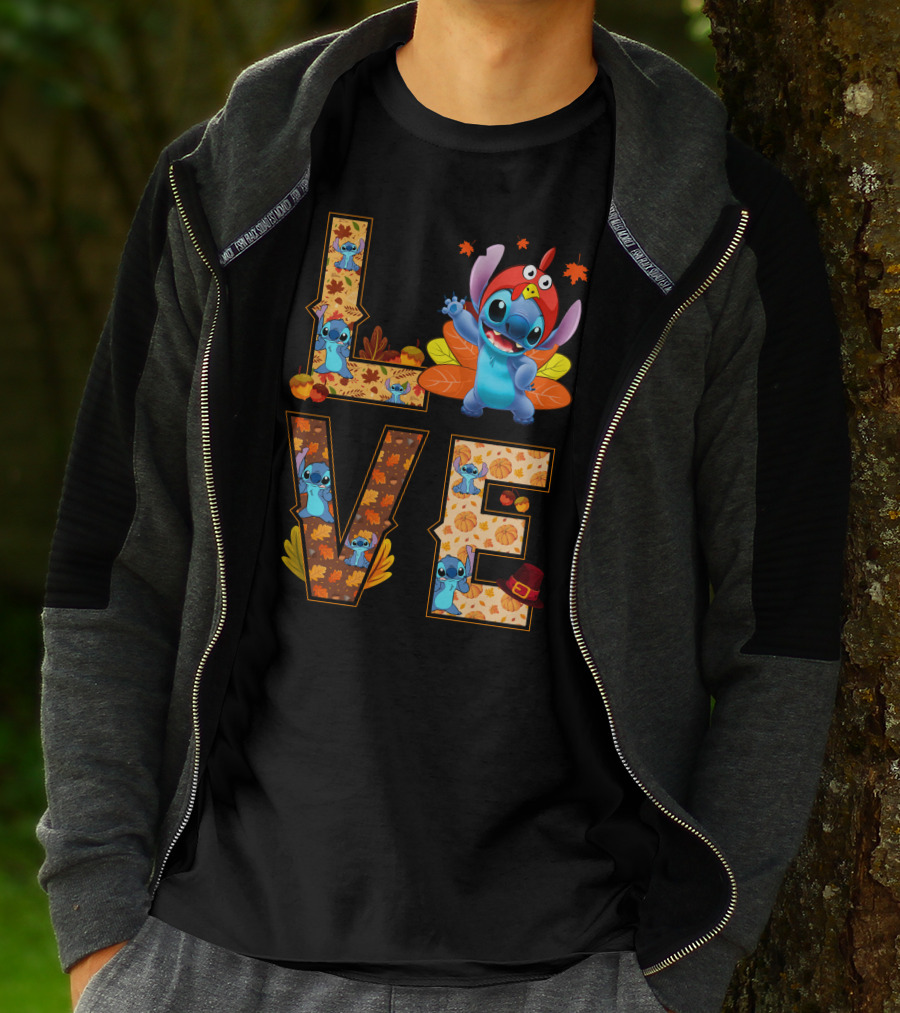 Love Stitch Thanksgiving Autumn Leaves Pumpkins Turkey Hat T-Shirt